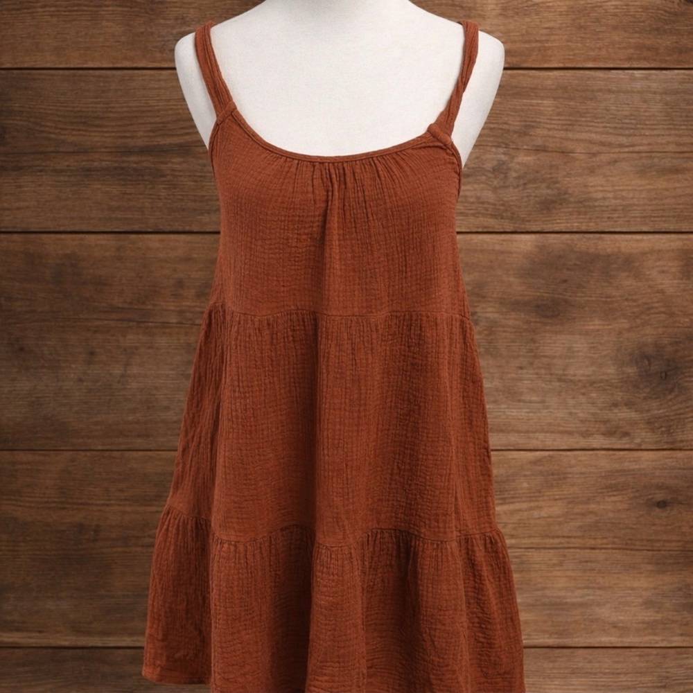 AEMI + CO Rust Cotton Gauze Tie Back Mini Dress Small Boho - Picture 2 of 9